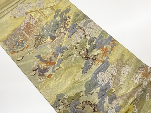 JAPANESE KIMONO / FUKURO OBI / WOVEN MANSION & PEOPLE IN THE HEIAN ERA